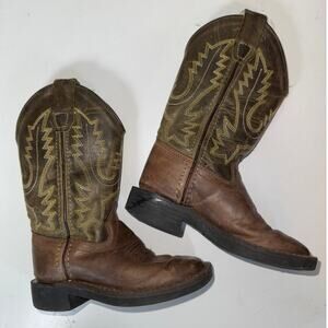 Old West Brown Olive Brown Kids Western Cowboy Boots Toddler Size 8.5 Leather